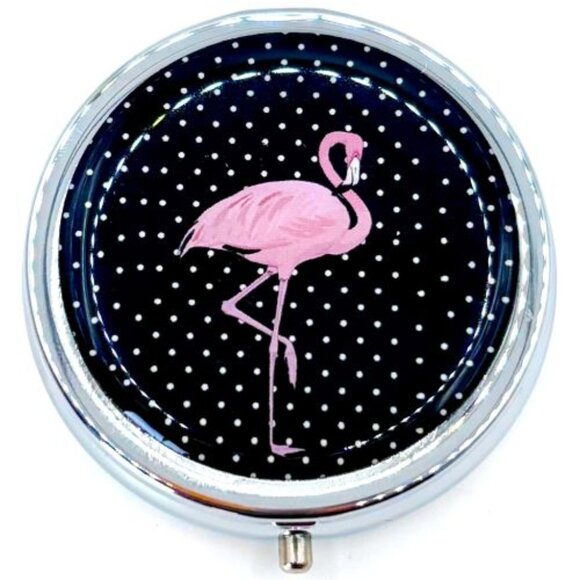 Pink Flamingo Polka Dots 3 Compartment Purse Travel Pill Box Holder Container - Picture 1 of 3